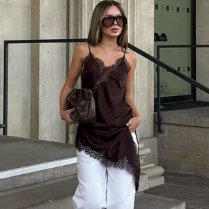 ZARA ASYMMETRIC LACE DRESS BROWN - Size L